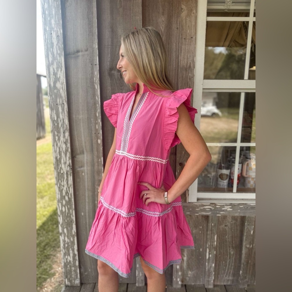 Strawberry Pink Haze Flutter Sleeve Tiered Dress - Picture 7 of 7